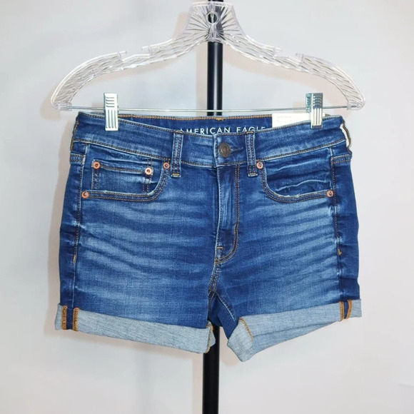 American eagle blue denim super stretch midi low rise shorts size 6 NWT - Picture 6 of 7